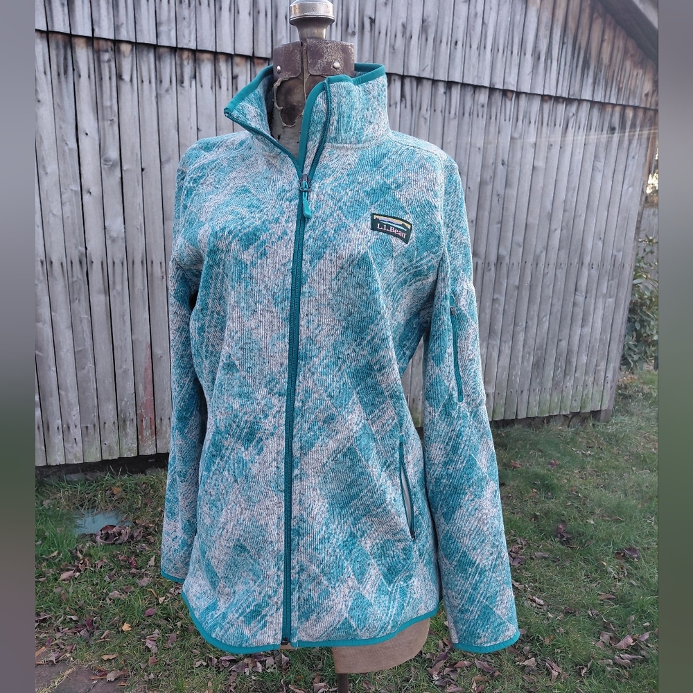 New LL Bean blue sweater fleece full zip jacket Tibi Fractare pattern Womens L